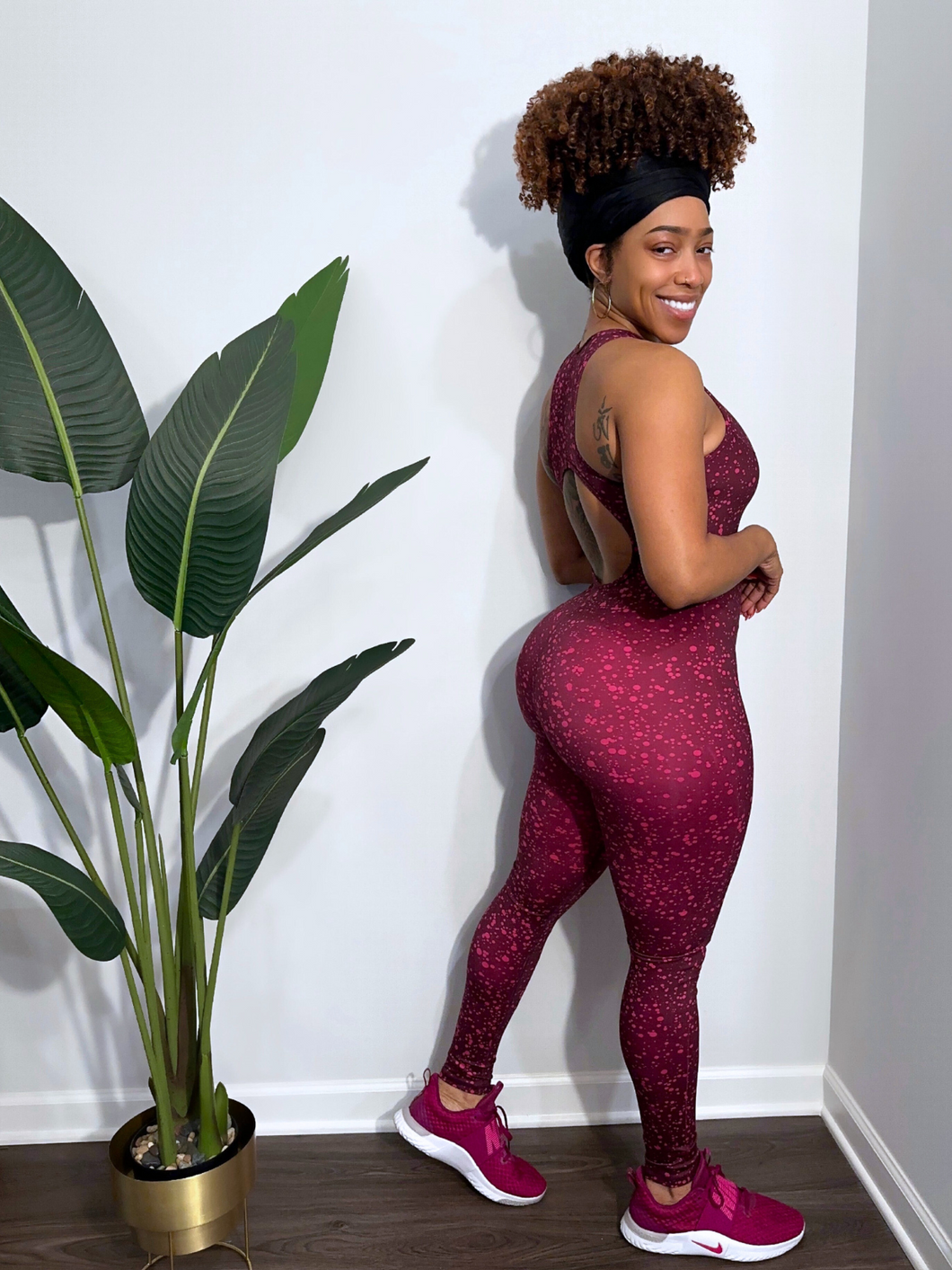 Polka Dot Zipper Bodysuit Jumpsuit For Fitness Gym Workout and Yoga (Dotted Wine)