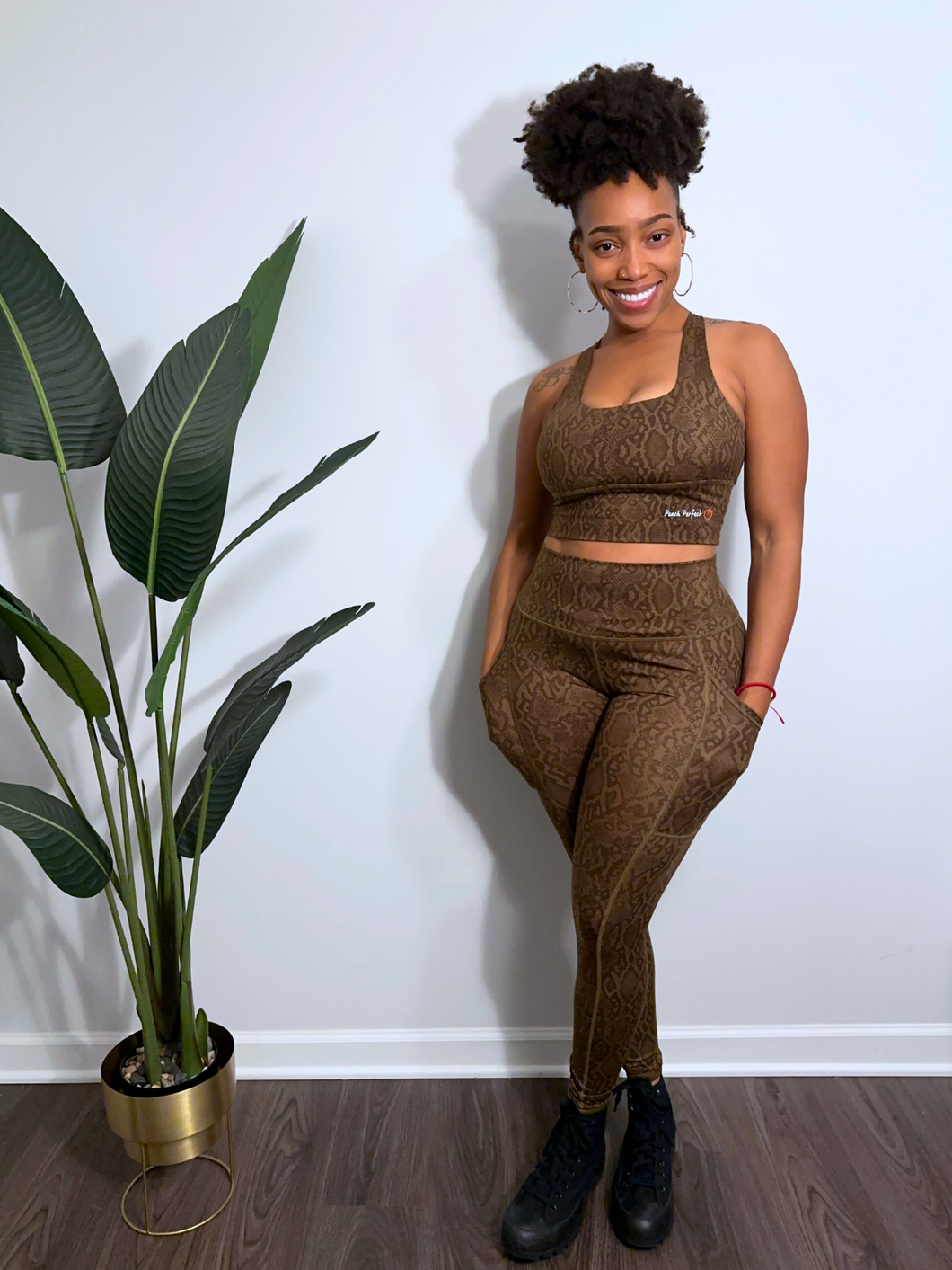 Pretty Python Snake Print Workout Set For Gym Workout (Olive Brown)