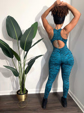 Load image into Gallery viewer, Open Back Fitness Bodysuit (Teal Zebra Print)