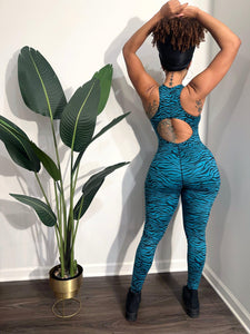 Open Back Fitness Bodysuit (Teal Zebra Print)