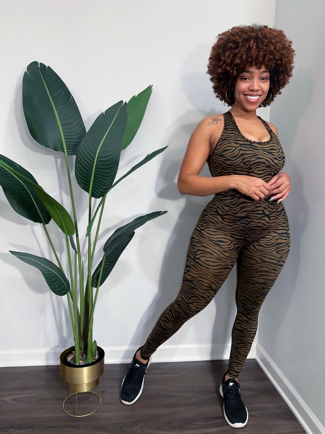 Madagascar Zebra Print Fitness Bodysuit (Olive)